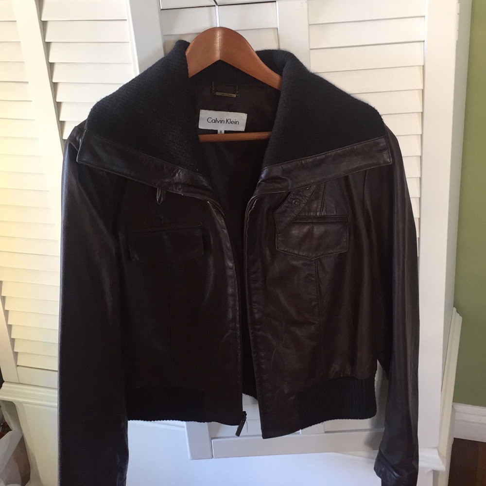 Brown leather bomber jacket